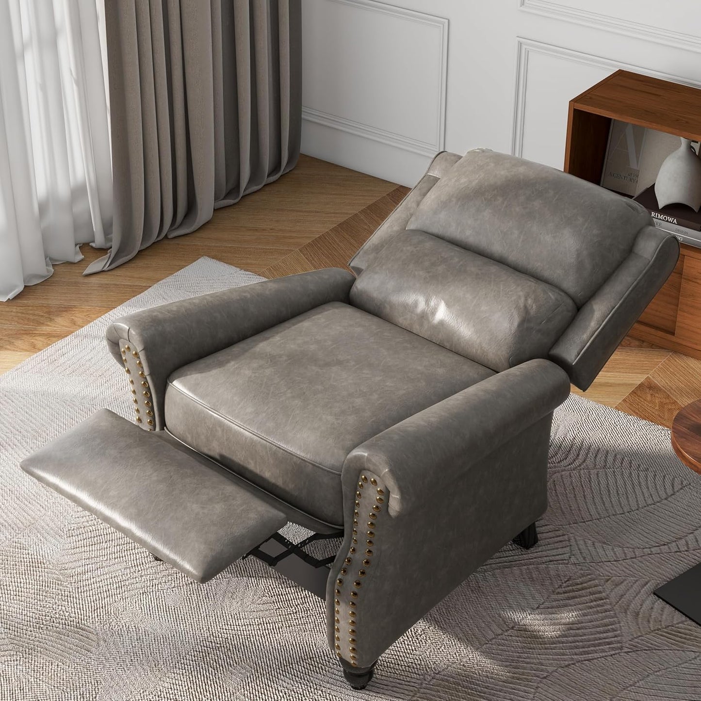 UIXE Pushback Recliner Chair, Faux Leather Armchair Push Back Accent Chair, Rivet Trim Club Chair Home Theater Overstuffed Single Sofa Reading Seat for Living Room, Gray