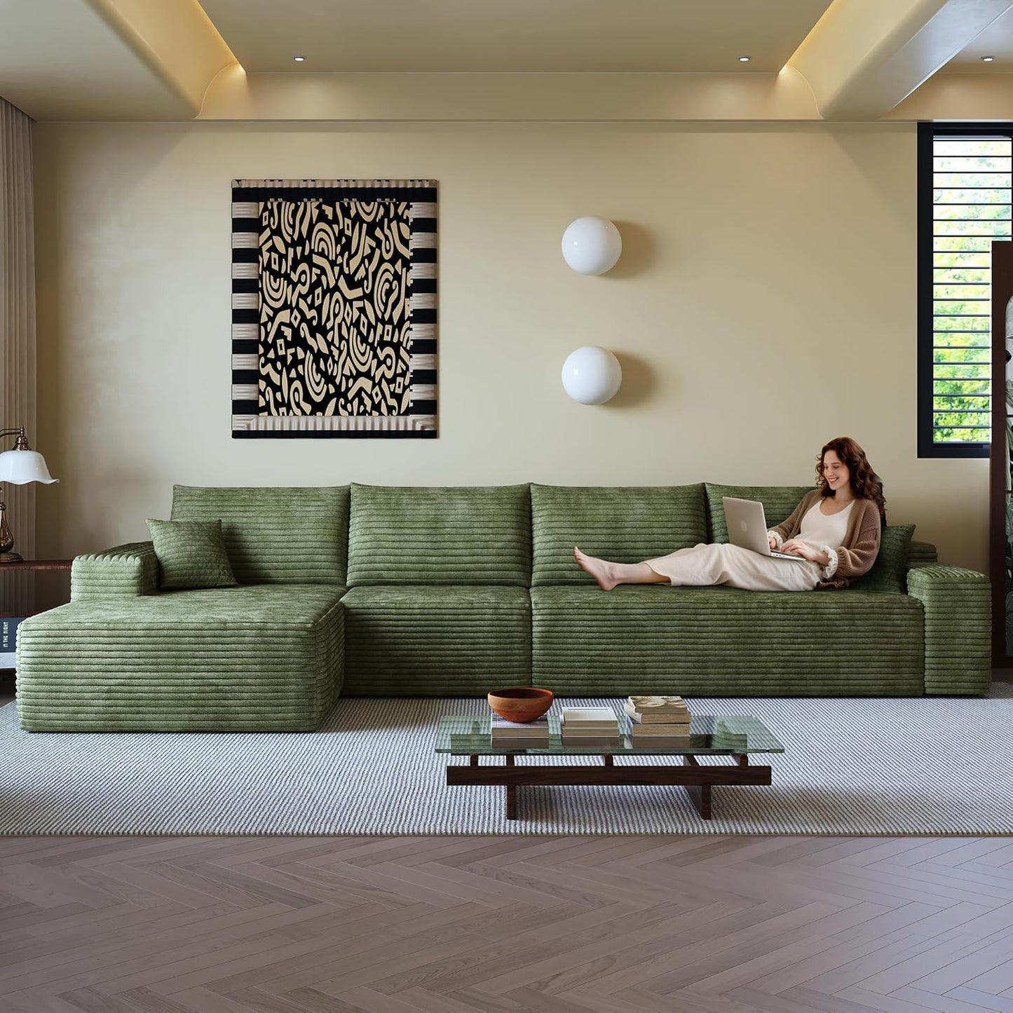 108" Sectional Couches for Living Room Modern Modular Sofa with L-Shape Couchs Upholstered Boneless Couch Deep Seat Sectional Couch with Chaise (Green, Left Facing Chaise+3Seaters)