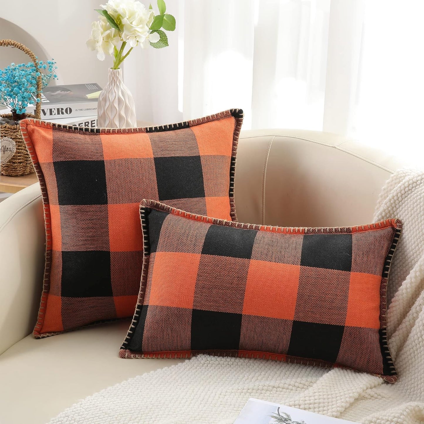 decorUhome Fall Orange and Black Decorative Throw Pillow Covers 16x16 Set of 2, Buffalo Plaid Check Farmhouse Cushion Covers with Stitched Edge for Autumn Harvest Couch Sofa Bed Home Decor