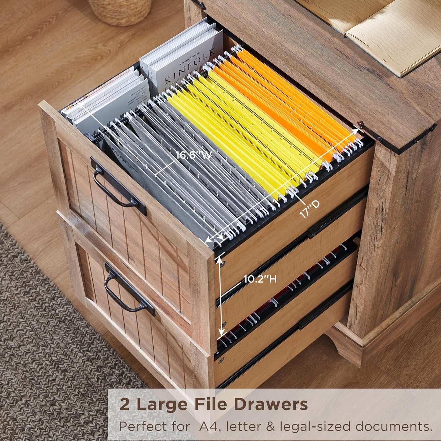 RedLemon Bookcase with 2 File Drawers, 72" Tall Farmhouse Bookshelf with Storage and Adjustable Shelves, 4 Tier Rustic Wood Bookshelf with Cabinet for Home Office, Living Room (Rustic Natural Oak)