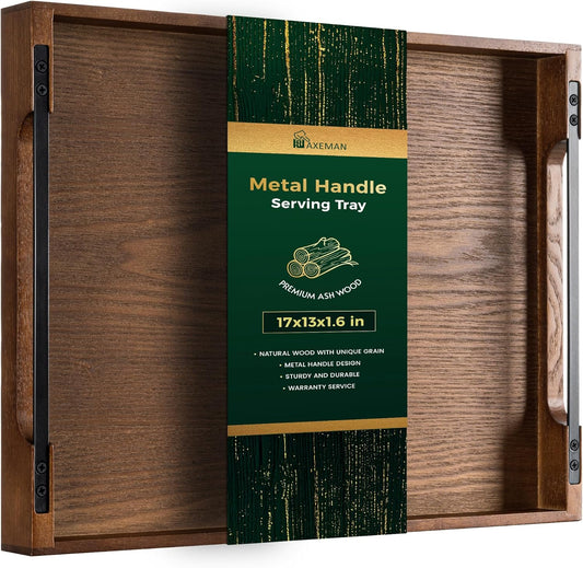 Axeman Wooden Serving Tray with Metal Handles|Ottoman Tray for Breakfast, Bed, Couch|17x13in Ash Wood Coffee Table Trays|Food Drinks Decorative Storage Boards for Ottoman Kitchen, Walnut