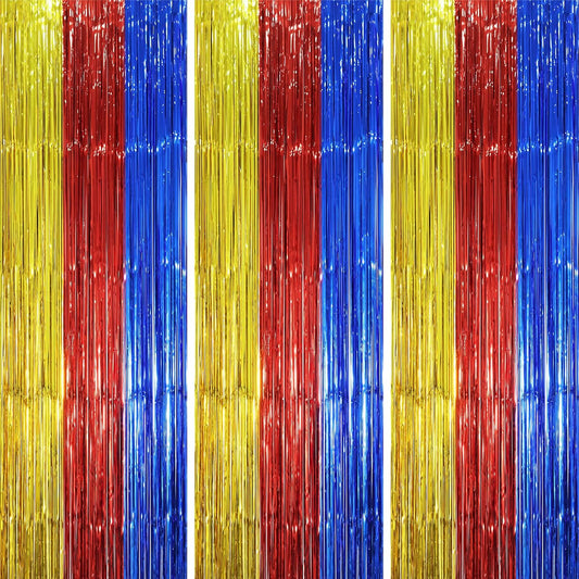 3 Pack 3.3 x 8.2 ft Blue Red Gold Foil Fringe Backdrop Curtains, Tinsel Streamers Party Decorations, Fringe Backdrop, Door Shimmer for Birthday Party