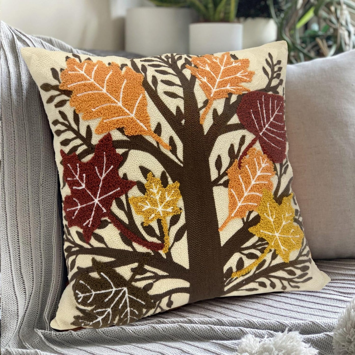 Alysheer Embroidered Fall Decorative Throw Pillow Cover 18"x 18", Boho Farmhouse Cottage Tufted Embroidery Pattern Cotton Canvas Orange Cushion Case for Sofa Couch Bed Living Room Decor(Maple Leaves)