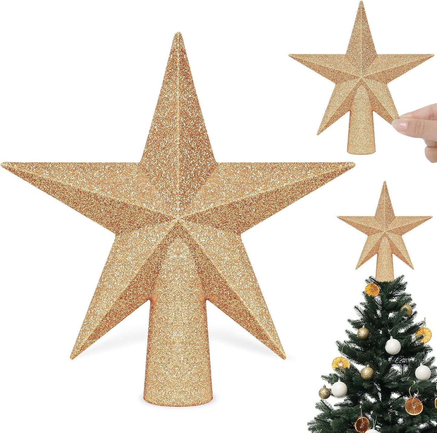 Christmas Tree Decoration, 6" Champagne Christmas Tree Topper Star Accessories, Xmas Glitter 3D Bethlehem Tree Ornament, Waterproof Holiday Christmas Tree Topper Star Decorations for Home Decor