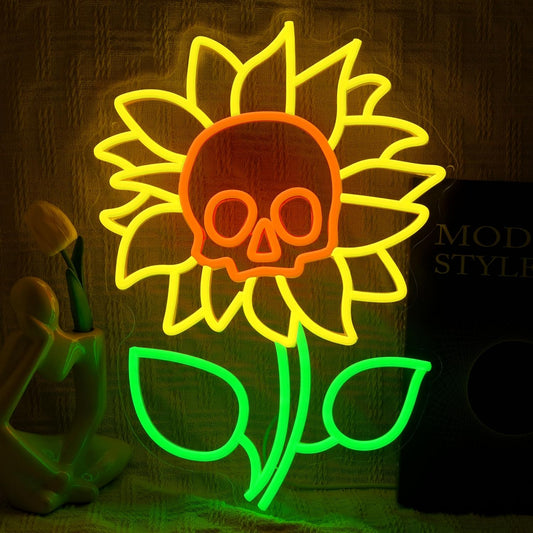 Sunflower Skull Neon Sign Wall Decor USB Powered Skeleton Head Halloween Neon Light Sign Dimmable Funny Halloween Day LED Sign for Trick or Treat Party Backdrop Bedroom Bar Man Cave