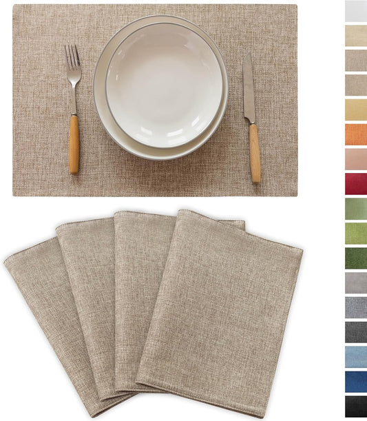 Demetex Linen Placemats Set of 4 Heat Resistant Wipeable Cloth Table Place Mats for Dining Table Indoor Restaurants, 13 x 19 inches, Linen