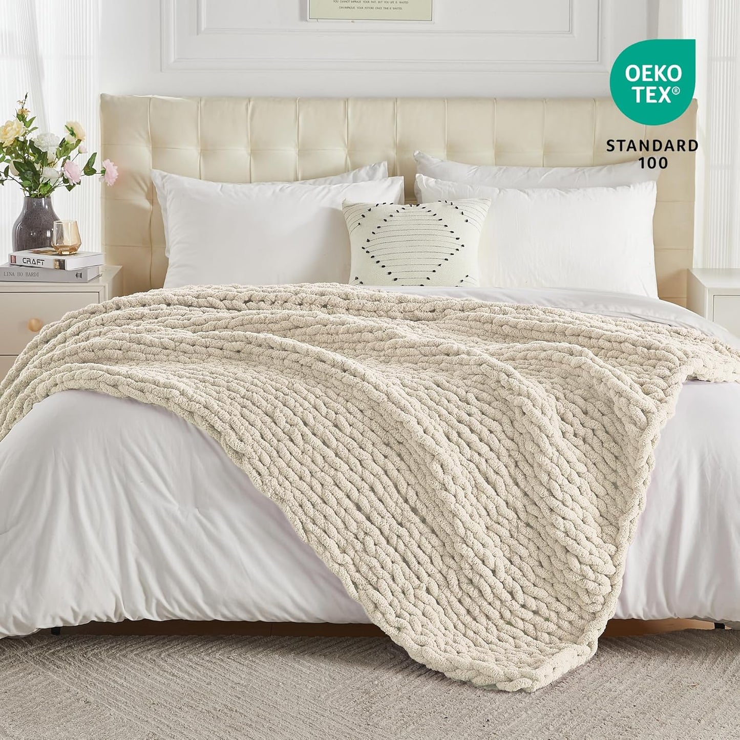 Carriediosa Chunky Knit Throw Blanket 50" X 60", 100% Hand Made Large Chenille Loop Yarn Soft Fluffy Throws for Couch Sofa Bed, Big Crochet Cozy Heavy Thick Cable Woven Blanket, Light Beige