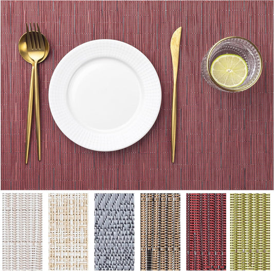 LEXMORE Placemats Set of 6 Vinyl/Plastic Woven Place Mats for Kitchen Table Indoor/Outdoor Washable Placemat Wipeable Dining Table Mats(Burgundy)