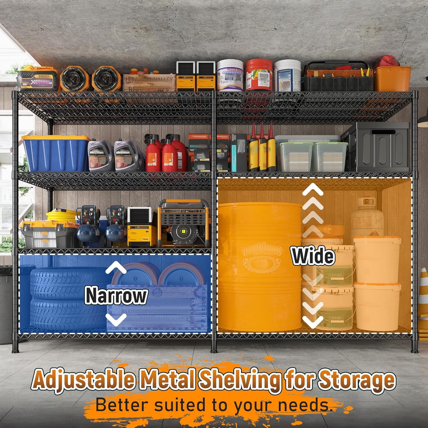 REIBII 81.5''W Storage Shelves 3680LBS Garage Shelving Heavy Duty 4 Tier Metal Shelving Unit Adjustable Wire Shelf and Storage Pantry Shelves for Kitchen Garage, 81.5Wx23.62Dx70.86H，Black, 2PCS