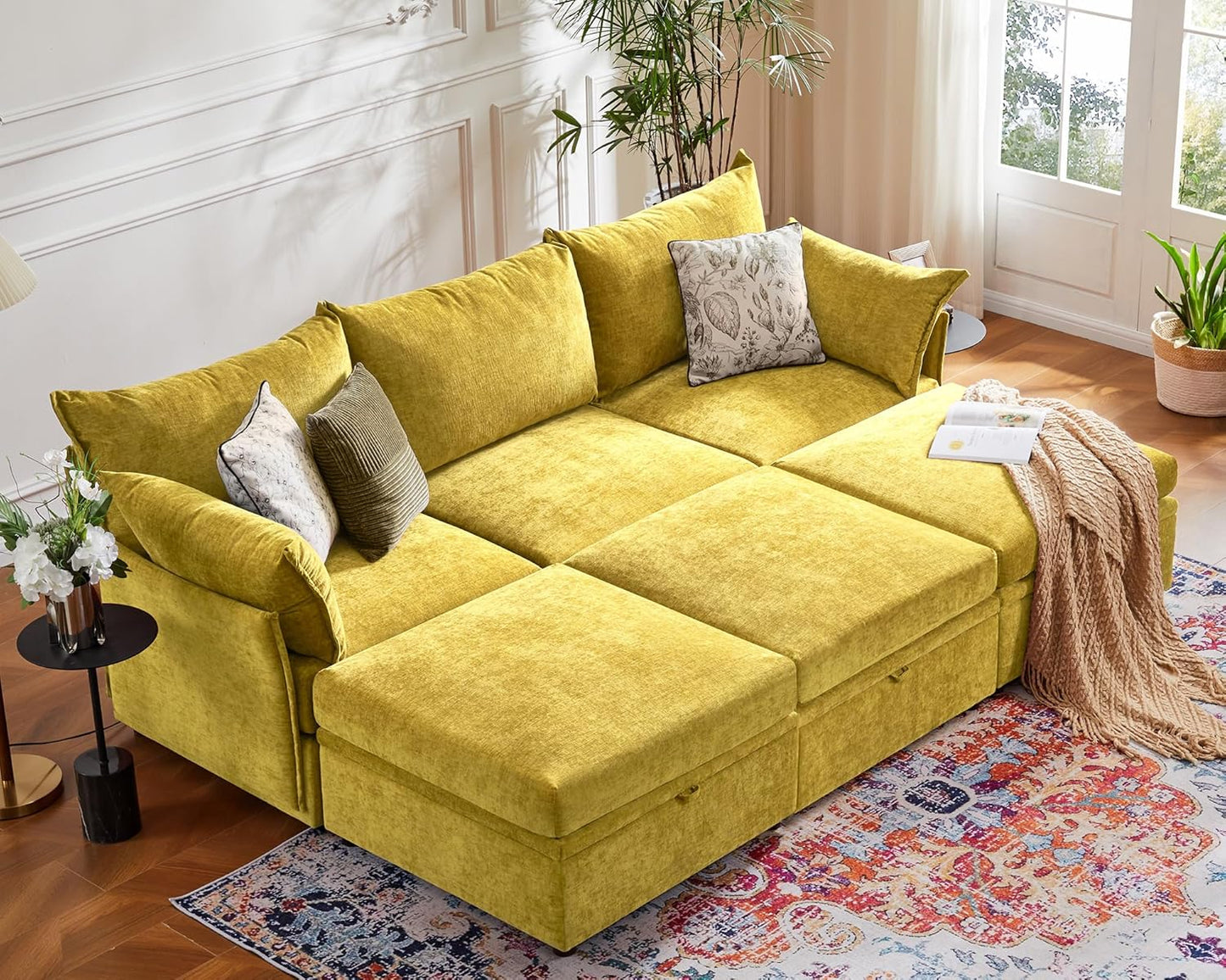 102.6" Luxury Modular Sleeper Sofa Bed 6 Seat Reversible Sectional Couch Deep Seat with Storage Chaises Removable Cover for Living Room, Apartment - Chenille Yellow
