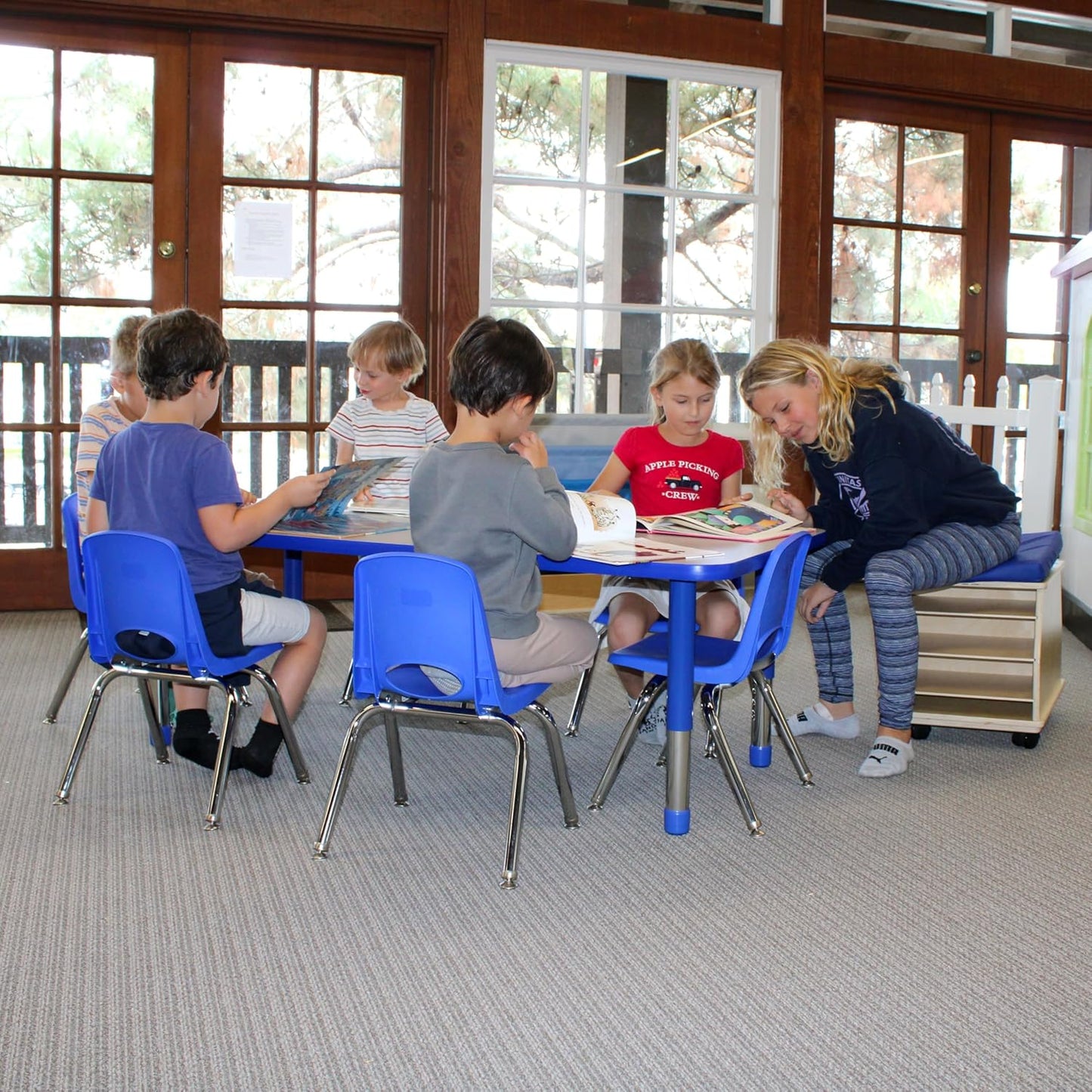 FDP Rectangle Activity School and Classroom Kids Table (30 x 60 inch), Toddler Legs, Adjustable Height 15-24 inches - Gray Top and Blue Edge