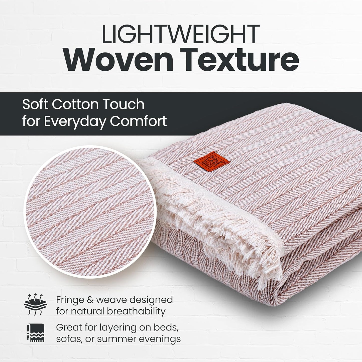 Gold Case Throw Blanket for Bed – 100% Recycled Turkish Cotton Bed Blanket – Decorative Throw Cotton Blankets for Living Room & Bedroom – Woven Twin Blankets – Vintage Beige – 71x90