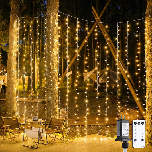 JMEXSUSS 900 LED Outdoor Christmas Curtain Lights, 9.5x29.5ft Christmas Lights Plug in with Remote, Twinkle Hanging String Light for Bedroom Wall Wedding Backdrop Window Gazebo Decor, Warm White