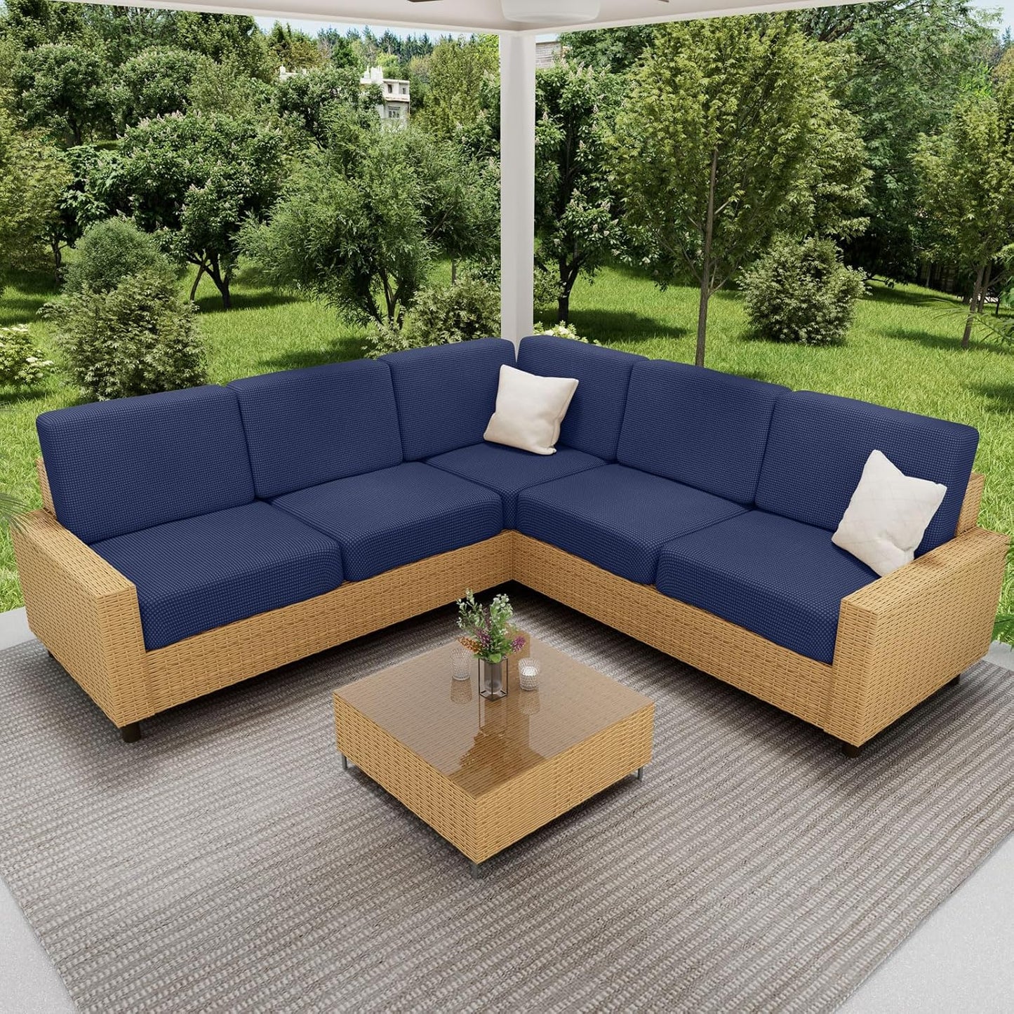 hyha Waterproof Sectional Couch Covers, Non Slip Sofa Couch Cushion Covers L Shape, Thick Stretch Jacquard Fabric, Washable Sofa Slipcovers with Elastic Bottom (1 Piece for Chaise, Navy)