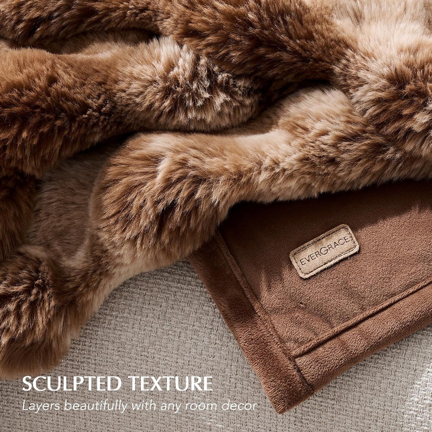 EVERGRACE Ultra Soft Luxury Fluffy Ridgeline Faux Rabbit Fur Throw Blanket, Thick Warm Bubble Throw for Bed, Cozy Plush Reversible Blankets for Couch, Chair, Sofa, Lion Caramel, 60x80 Inches, 870 GSM