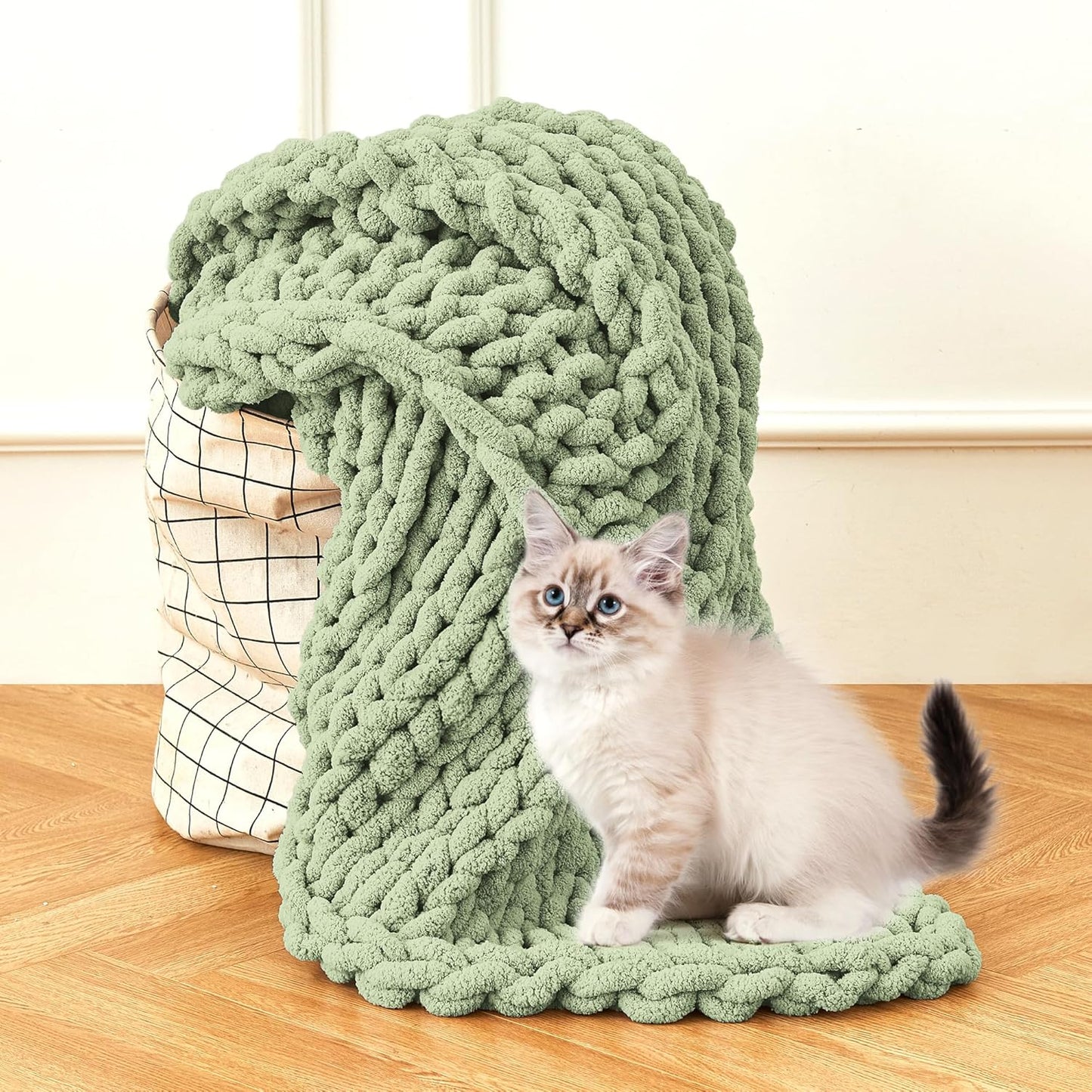 Admitrack Chunky Knit Blanket Throw, 100% Hand Knit Chenille Throw Blanket for Sofa & Home Decor, Soft and Cozy Knitted Throw Blankets (Sage Green，51"x63")