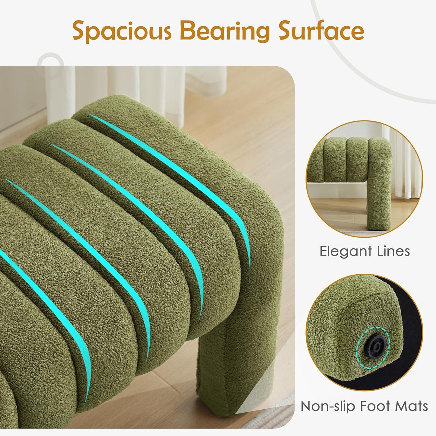 63" Bedroom Bench, Upholstered Entryway Bench, Modern End of Bed Ottoman with Solid Wood Legs and Adjustable Foot Pegs for Entryway, Dining Room and Living Room, 440lbs (Green Boucle)