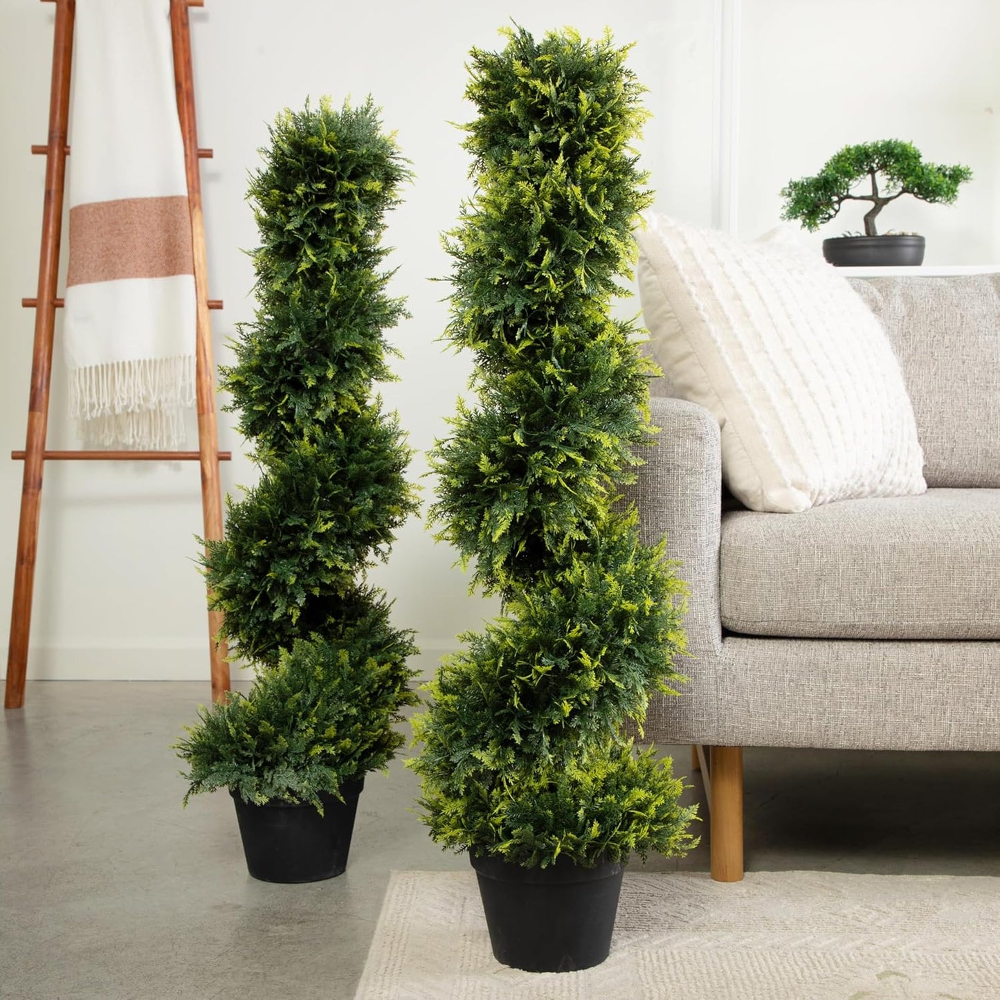 2-Pack Faux Cedar Spiral Topiary Trees - 3.2ft Tall - Planter Included - Artificial Trees for Indoor or Outdoor - Realistic Design with Dense Green Foliage - UV-Protected & Weather-Resistant Plants