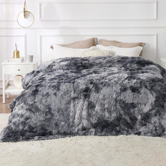 Bedsure GentleSoft Fluffy Sherpa Fleece Faux Fur Blankets Queen Size for Bed, Bedroom Decor Winter Thick Warm Full Queen Blankets, Fuzzy Plush Soft Heavy Mink Tie Dye Grey Bedding Cozy Gifts, 90x90