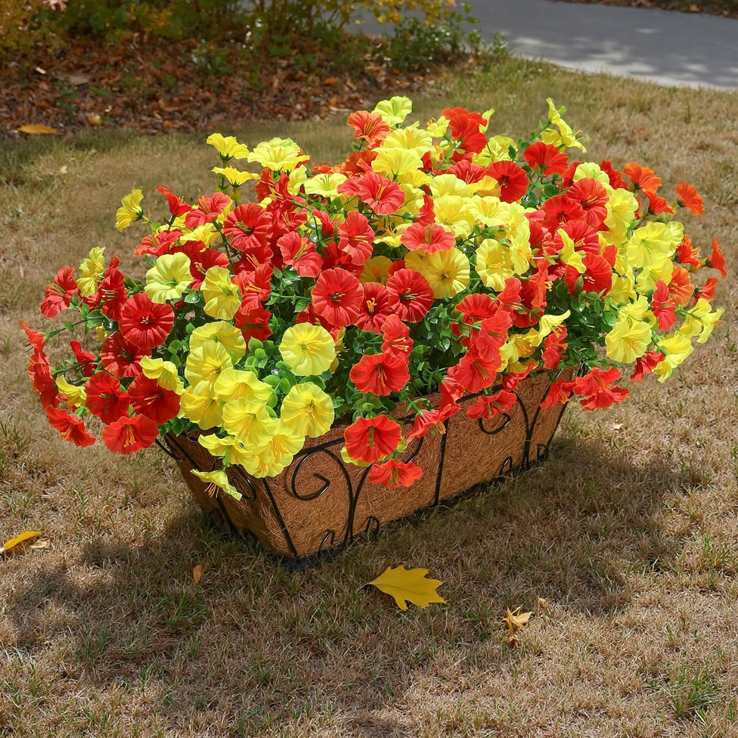 Artificial Mums for Outdoors Fake Fall Flowers Plants for Autumn Decoration, 12 Bundles Silk Morning Glory with Eucalyptus Look Real UV Resistant Faux Mums for Outside Planters Yard Patio Porch, Mix