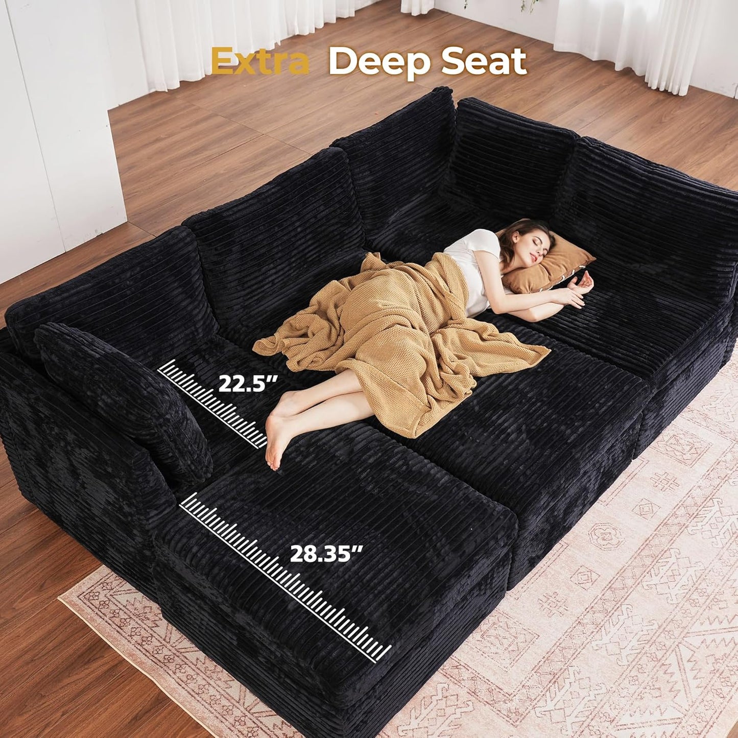 HOOOWOOO Modular Sectional Sofa,7 Pieces Sectional Couches for Living Room,131X66 U Shaped Cloud Couch with Ottoman Chaise Set(Black Velvet Corduroy)