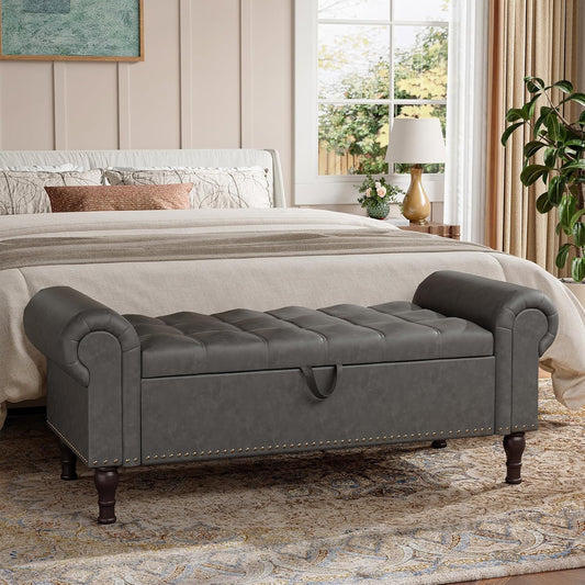 Storage Bench for Bedroom, 51" Full Queen Storage Bench, Upholstered Bedroom Bench with Rolled Arms and Vintage Rivets for Living Room, Storage Room, Entryway, Gray