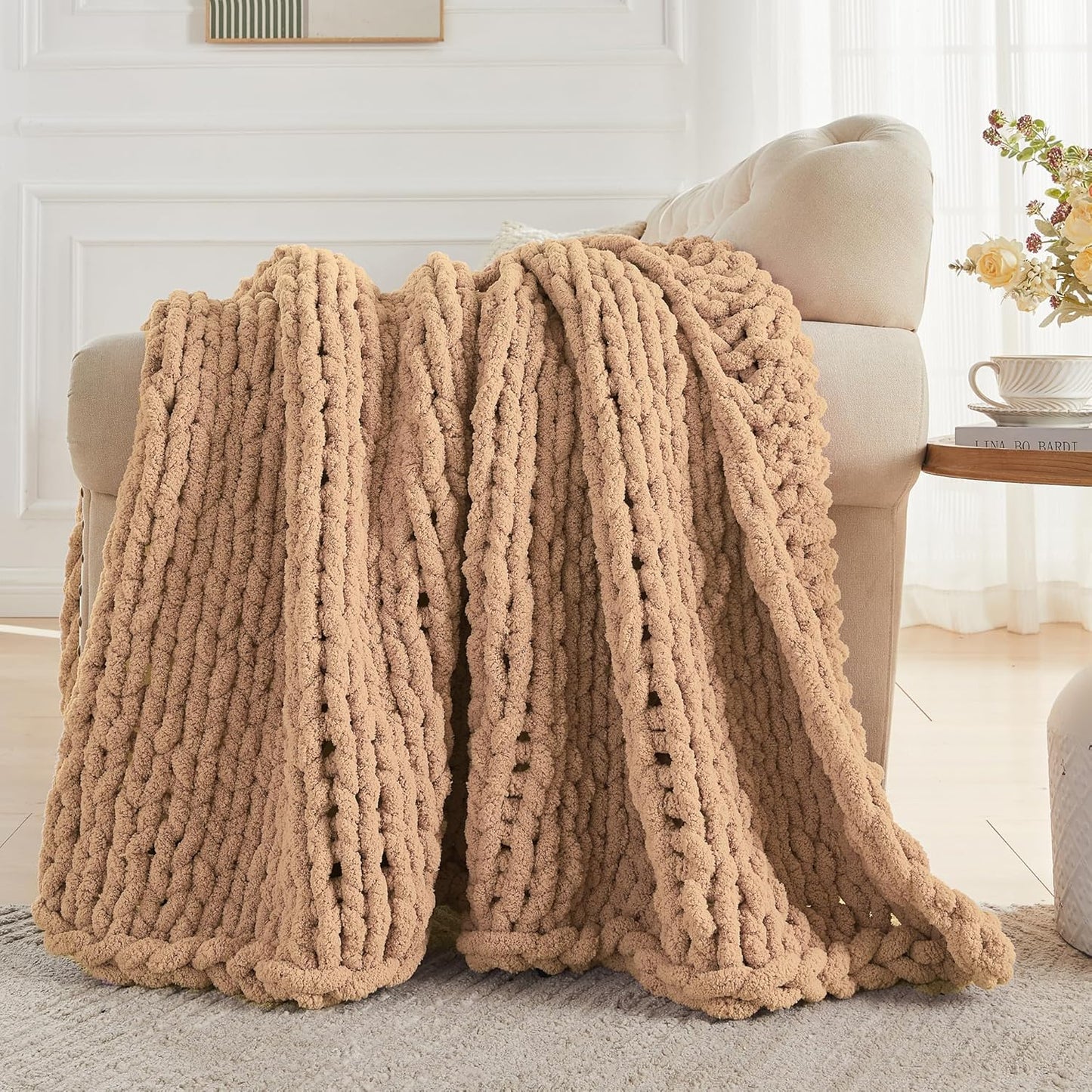 Carriediosa Chunky Knit Throw Blanket 60" X 80" Twin, 100% Hand Made Large Chenille Loop Yarn Soft Fluffy Throws for Couch Sofa Bed, Big Crochet Cozy Heavy Thick Cable Woven Blankets, Tan Brown
