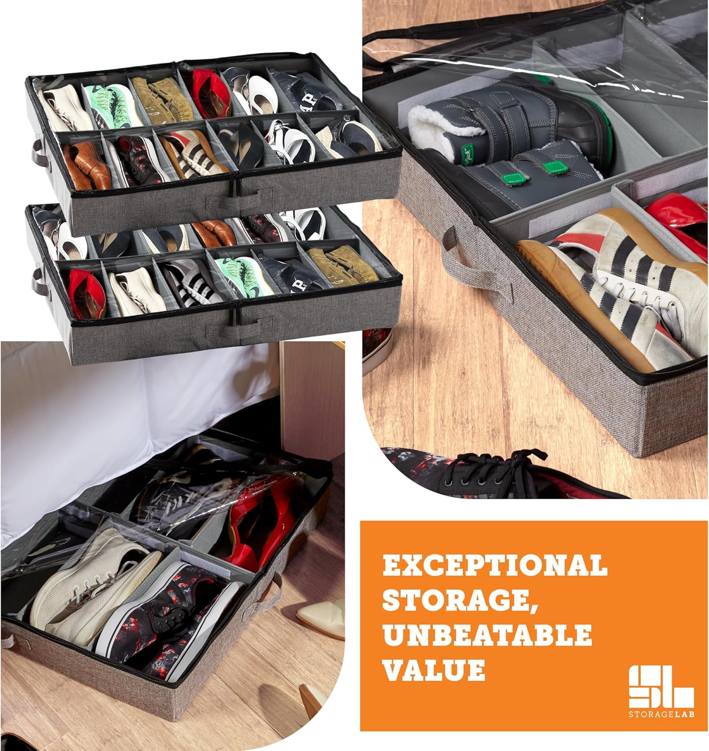 storageLAB Slim Under Bed Storage Containers, Closet Organizers with Sturdy Handles for Clothes, Comforters, and Accessories, Use Under or at the End of the Bed - 2 Pack, Dark Grey