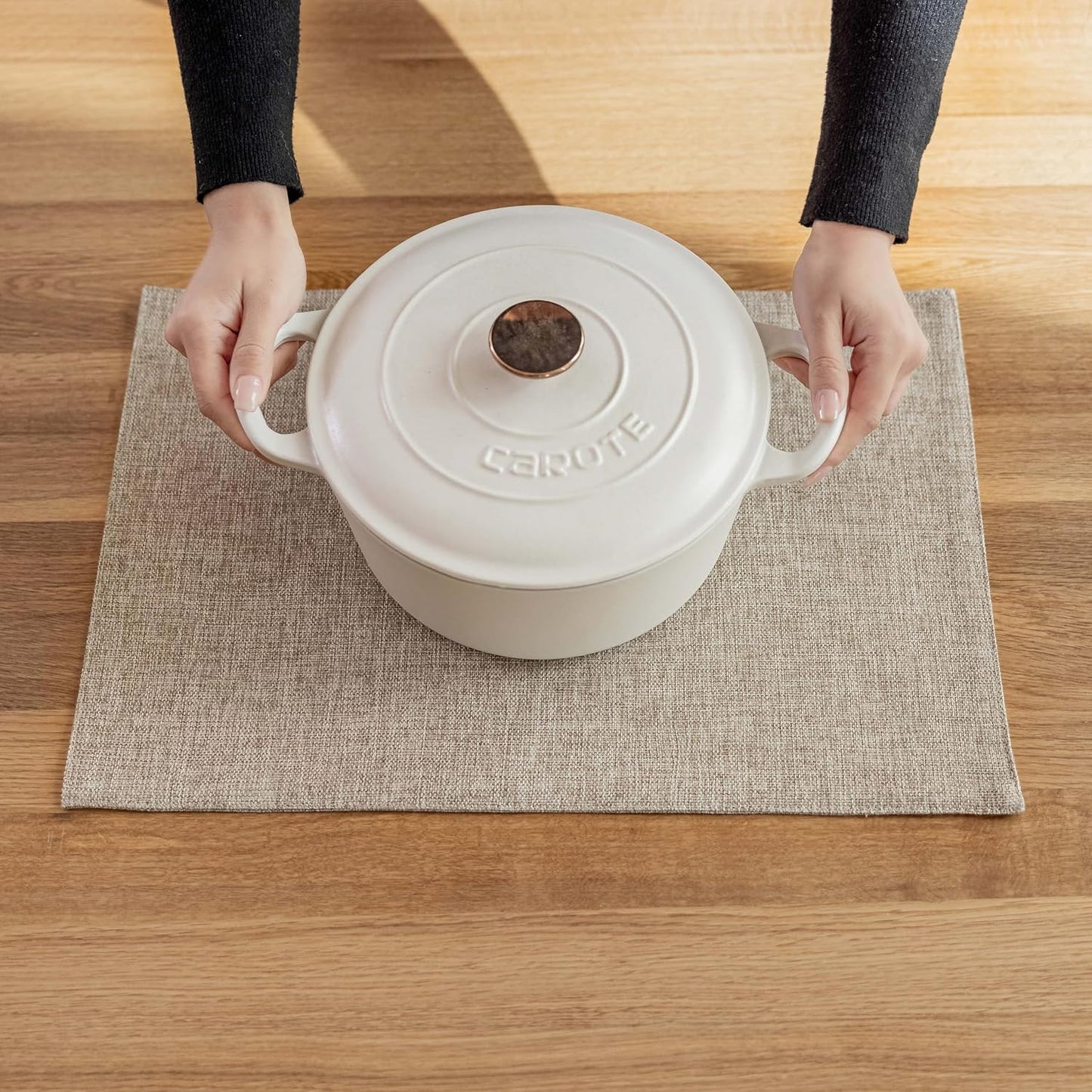 Demetex Linen Placemats Set of 6 Heat Resistant Wipeable Cloth Table Place Mats for Dining Table Indoor Restaurants, 13 x 19 inches, Linen