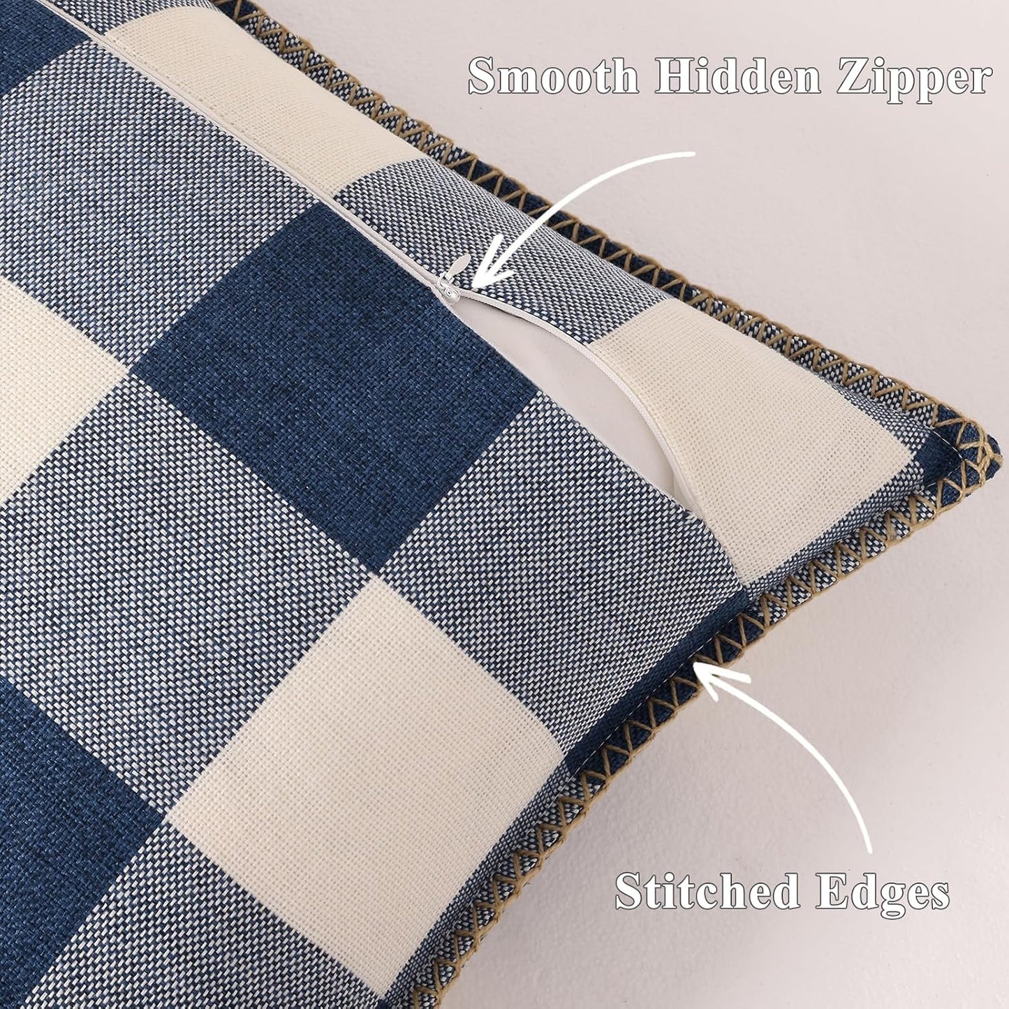 decorUhome Buffalo Plaid Check Throw Pillow Covers 24x24 Set of 2, Outdoor Decorative Farmhouse Neutral Pillow Covers with Stitched Edge for Bed Couch Sofa, Navy Blue and White