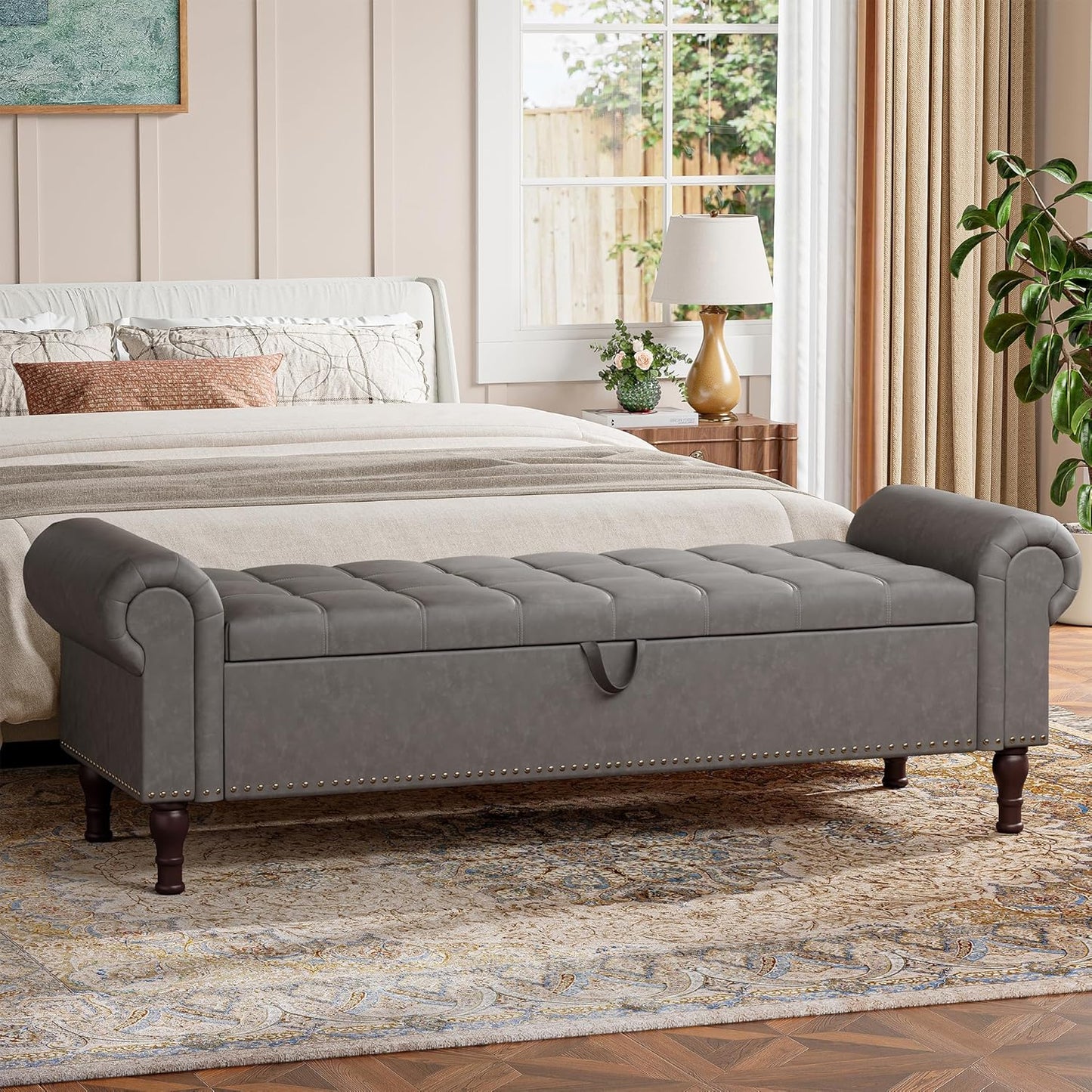 YOUDENOVAn 60”Bench with Storage, Upholstered Tufted Button Window Bench with Plenty Hidden Storage Space,Faux Leather Ottoman Bench for Bedroom, Living Room, Entryway，Grey