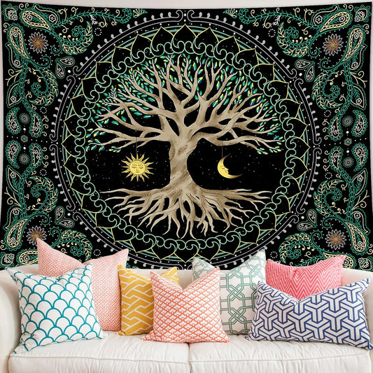 FORATER Tree of Life Tapestry Wall Hanging Aesthetic Sun and Moon Tapestry with Vintage Paisley Flowers Colorful Tree Wall Tapestries for Bedroom, Living Room, Dorm(61 x 82 inches, Multicolor)