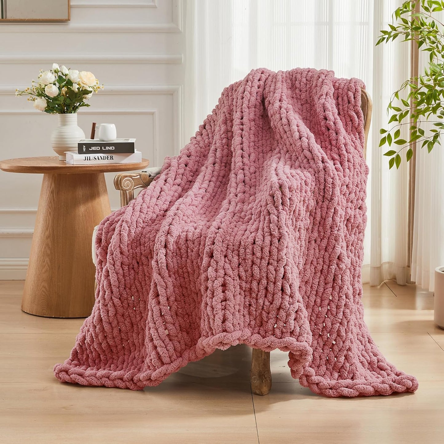Carriediosa Chunky Knit Throw Blanket 60" X 80" Twin, 100% Hand Made Large Chenille Loop Yarn Soft Fluffy Throws for Couch Sofa Bed, Big Crochet Cozy Heavy Thick Cable Woven Blanket, Mauve