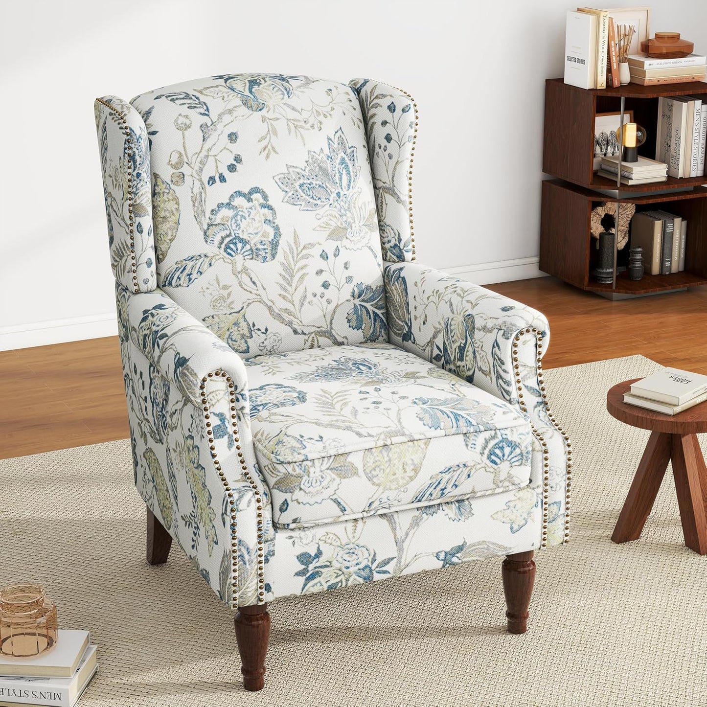 UIXE High Back Floral Accent Chair, Upholstered Armchair in Fabric, Retro Printed Wingback Arm Chair for Living Room, Nailhead Trim Single Sofa Bedroom Reading Seat - Plants Blue