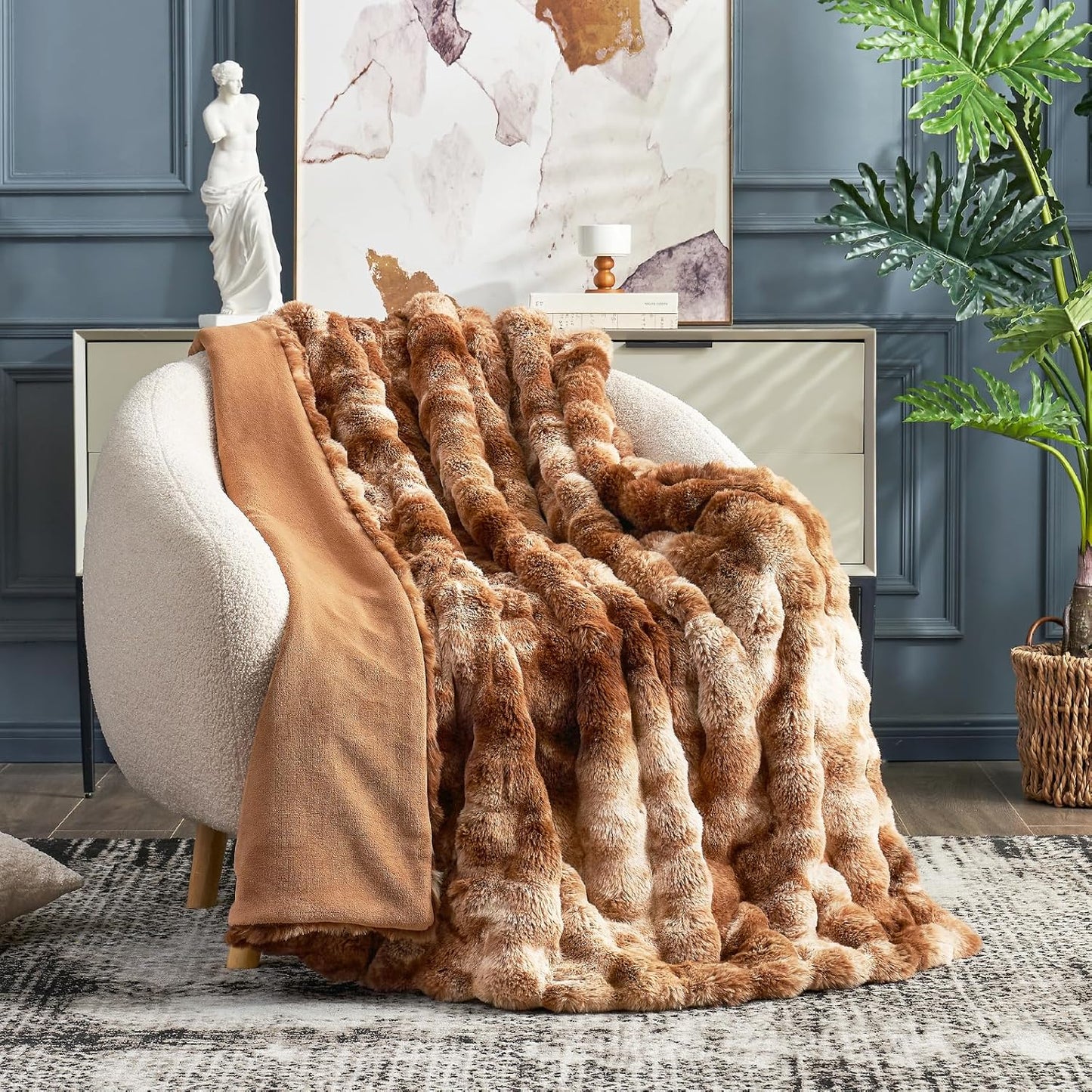 Cozy Bliss Faux Fur Throw Blanket for Couch, Fuzzy Soft Plush Thick Bubble Blanket for Sofa Bedroom Living Room, 60 * 80 Inches Tie Dye Brown