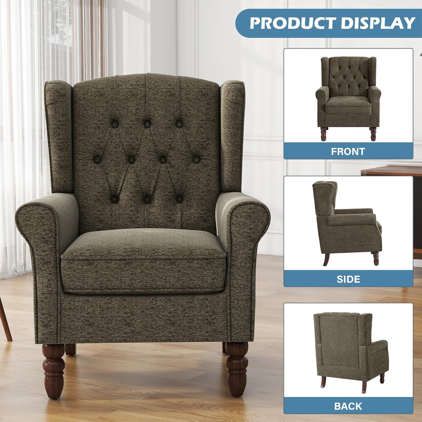 UIXE High Back Accent Chairs Set of 2, Upholstered Armchair in Fabric, Retro Wingback Arm Chair for Living Room, Comfy Single Sofa Bedroom Reading Seat with Solid Wood Legs - Taupe