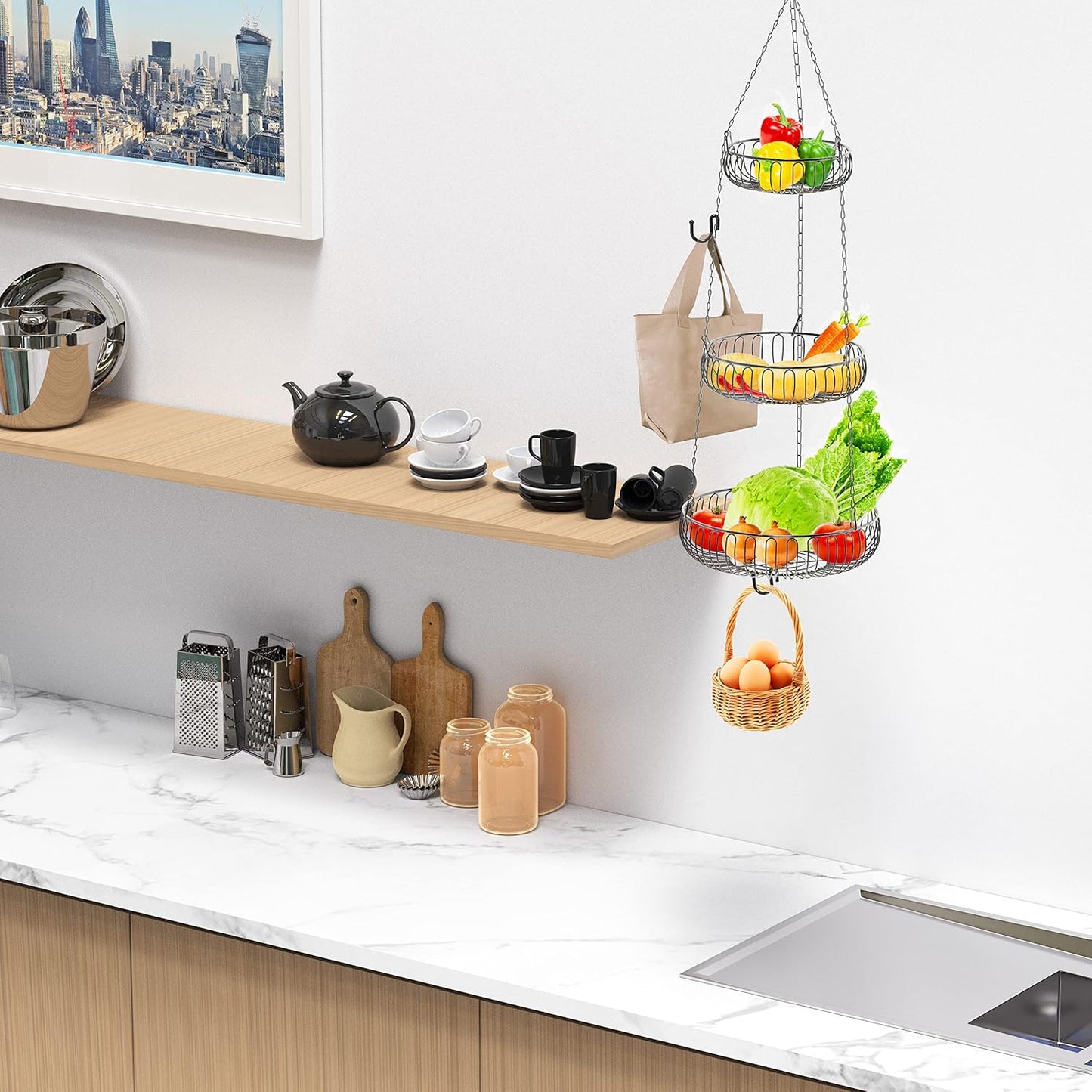 Simple Houseware Adjustable Metal Hanging Fruit Basket, Oblate, Black, 11" W x 11" L x 30" H