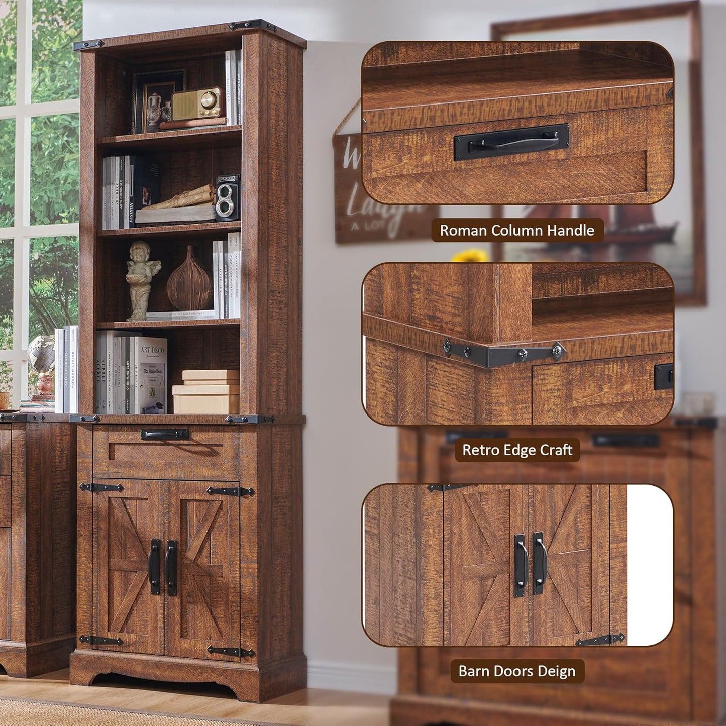 OKD 72'' Tall Bookshelf with Storage, Farmhouse 4 Tier Bookcase w/Barn Door, Adjustable Shelves and Drawers, Rustic Wooden Office Bookshelves for Home, Living Room, Library (Reclaimed Barnwood Color)