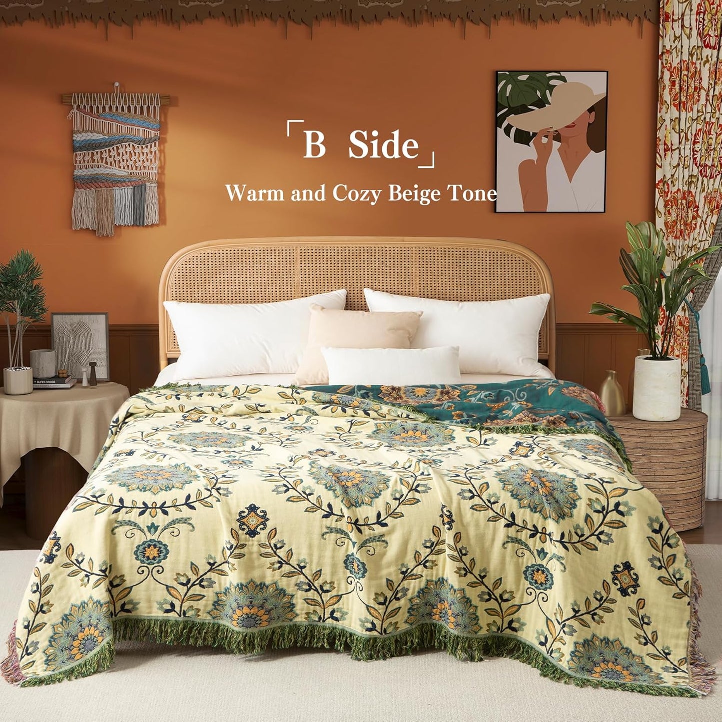 Boho Throw Blanket Twin Size, Soft Cozy Cotton Muslin Quilt Blanket for Bed Decor, Floral Patterned Couch Sofa Chair Cover, Vintage Farmhouse Cottage Tapestry Woven Blanket, Green&Beige