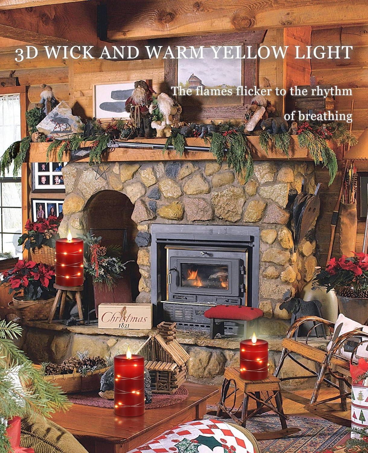 Red flameless Candles with Remote Control Timer Battery Operated LED Pillar Candles 4‘’ 5‘’ 6‘’ Fake Candles with String Lights Set of 3 for Christmas or Special Festivals Decorations