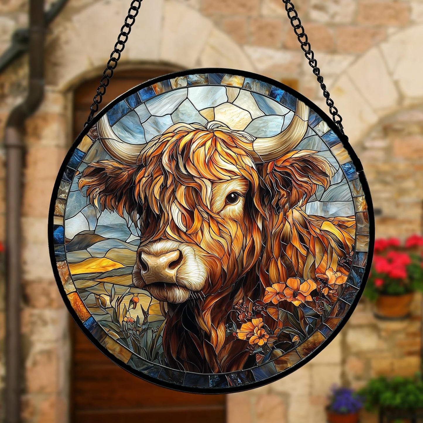 Stained Glass Window Hanging - Funny Cow Flower Suncatcher Ready to Hang Window Doors Home Decoration and Christmas, Mother's Day Birthday Gifts for Women, Men, and Mom 6.3x6.3 in
