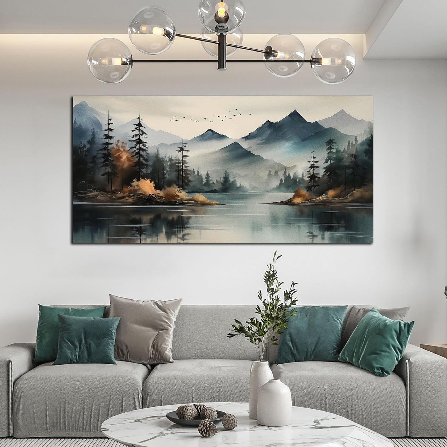 Rustic Wall Art for Living Room Large Size Teal Mountain Tree Landscape Canvas Wall Art for Bedroom Office Decor 29 x 59 Inch