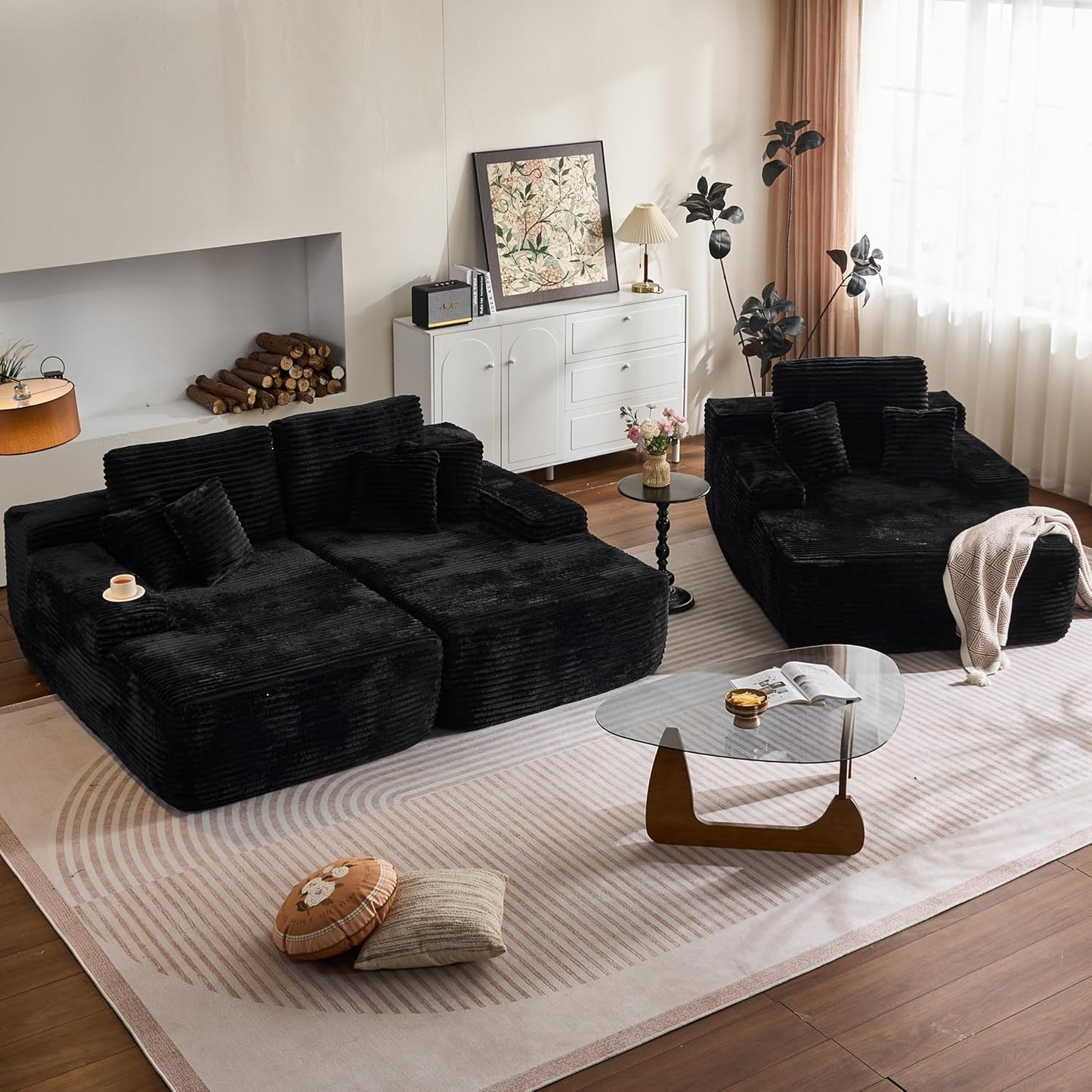 HOOOWOOO Cloud Sectional Couches for Living Room,Modular Sectional Sofa No Assembly,Plush Corduroy Large Floor Couch Furniture Set with Deep Seat Double Chaise and Singlar Lounge(Black)