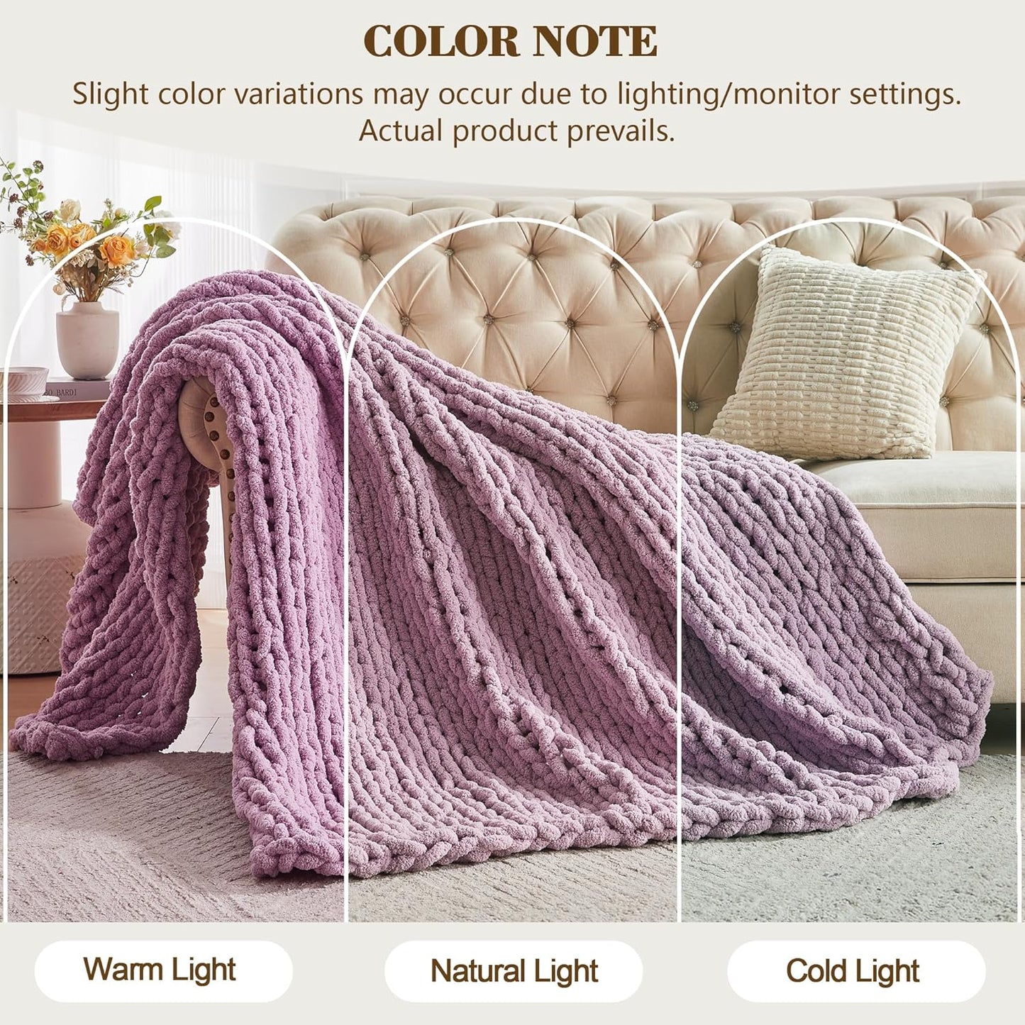 Carriediosa Chunky Knit Throw Blanket 60" X 80" Twin, 100% Hand Made Large Chenille Loop Yarn Soft Fluffy Throws for Couch Sofa Bed, Big Crochet Cozy Heavy Thick Cable Woven Blankets, Purple