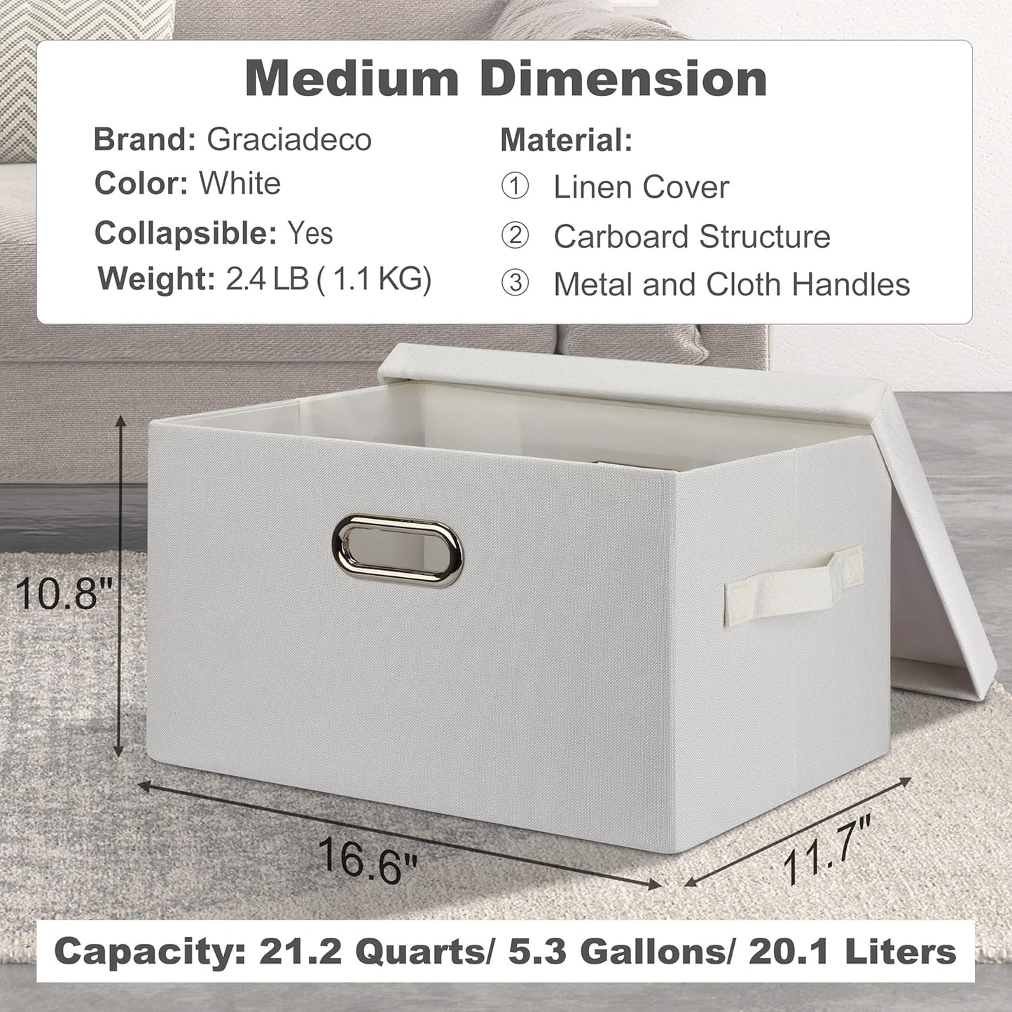 Medium 15" 21 Quart Collapsible Stackable Storage Bins with Lids, 5 Packs White Foldable Fabric Closet Storage Boxes with Lids, Lidded Heavy-duty Linen Baskets(15x11x8)