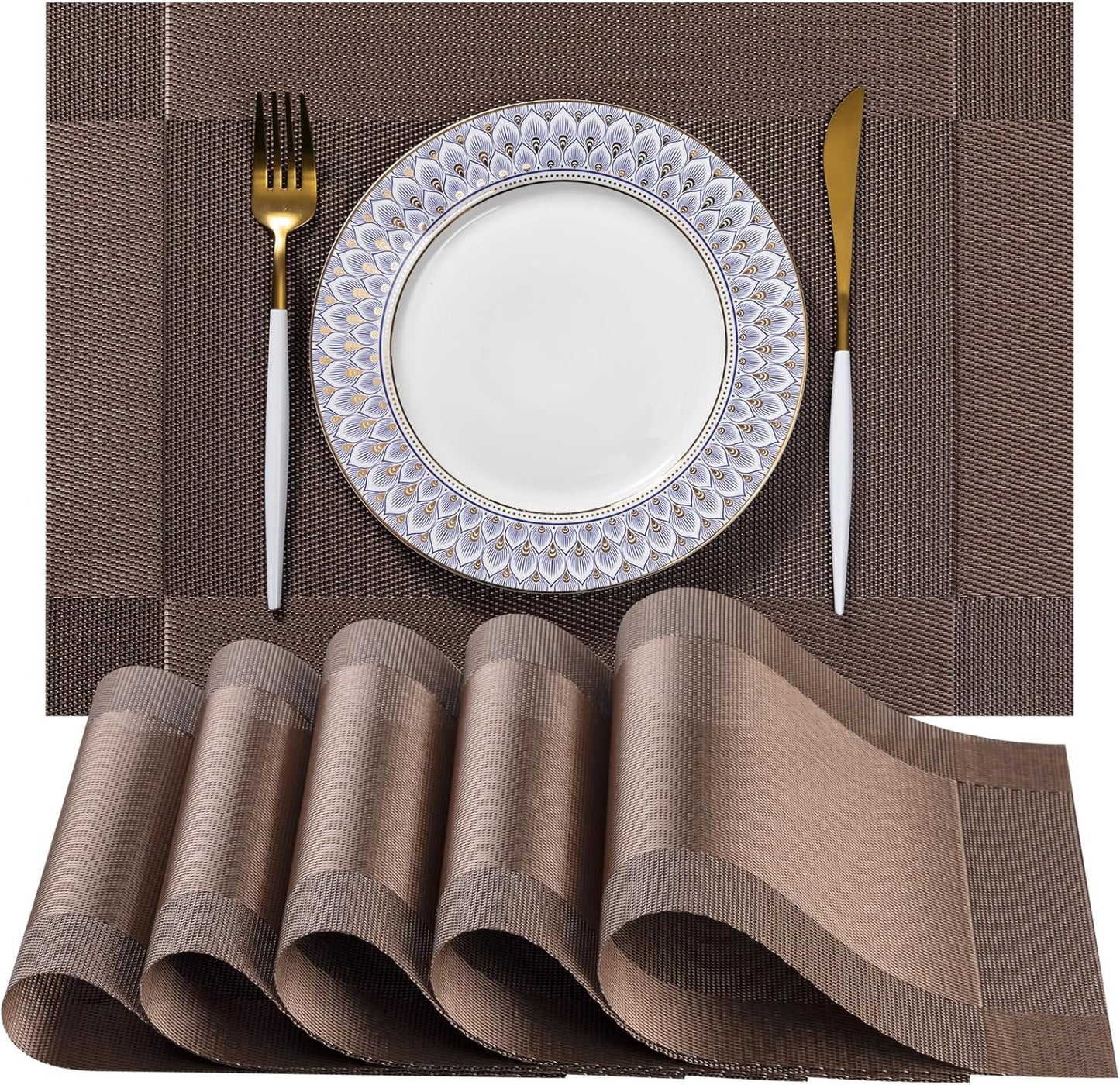LEXMORE Placemats Set of 6 Vinyl/Plastic Woven Place Mats for Kitchen Table Indoor/Outdoor Washable Placemat Wipeable Dining Table Mats(Brown Cube)