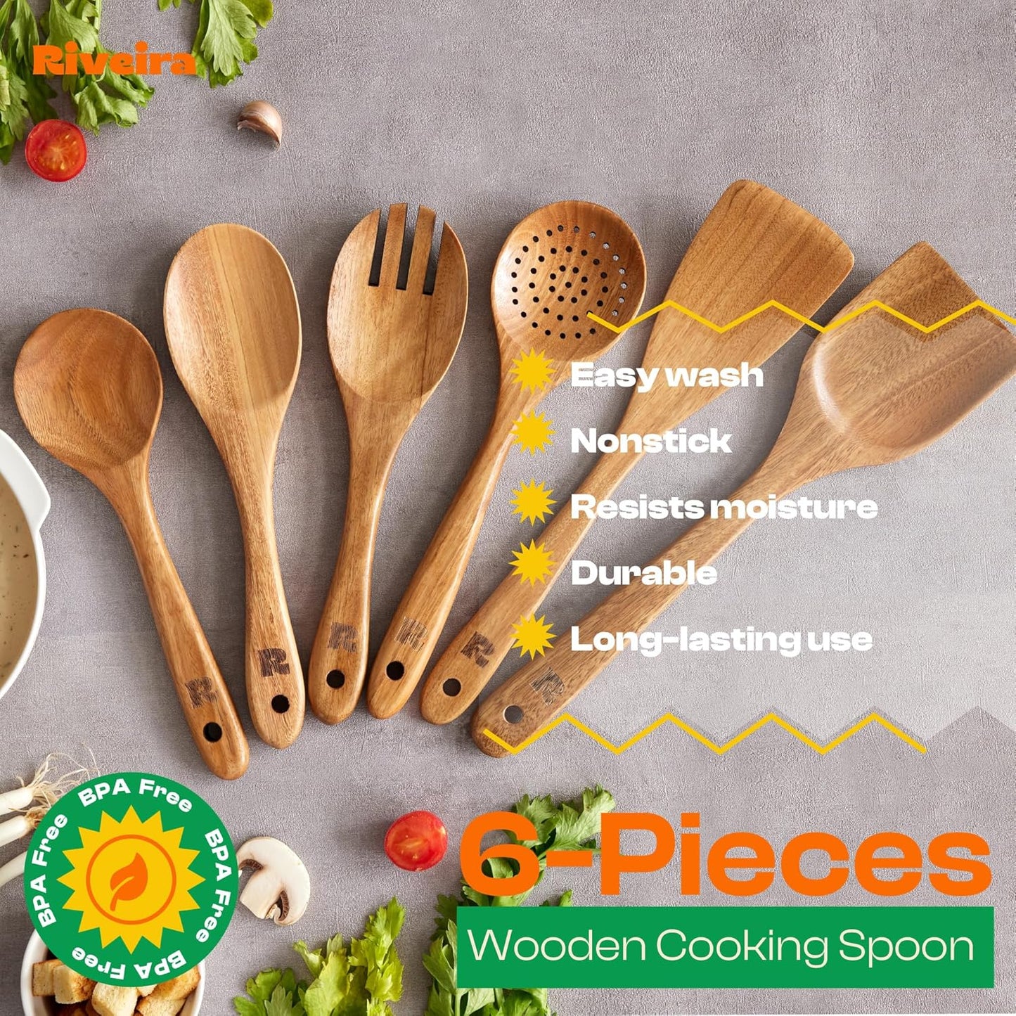 Riveira's 6-Piece Kitchen Essentials - Wooden Spoons for Cooking and Comprehensive Cooking Utensils Set