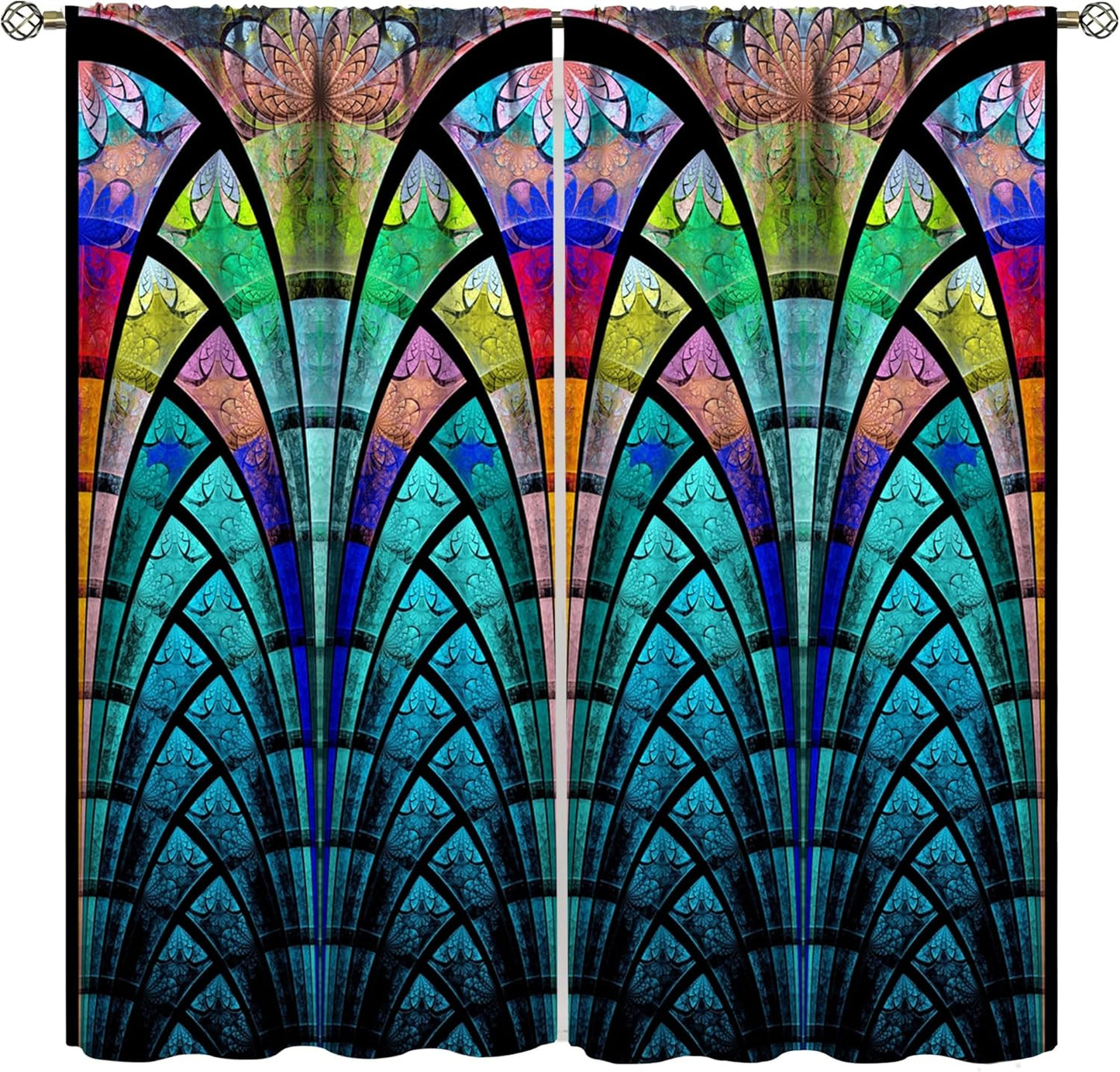 Stained Glass Curtains,Retro Design Style Colorful Abstract Art Home Decor Drapes for Bedroom Living Room Kitchen Window Treatment 2 Panels Set Total Size 42" W X 45" L Inch