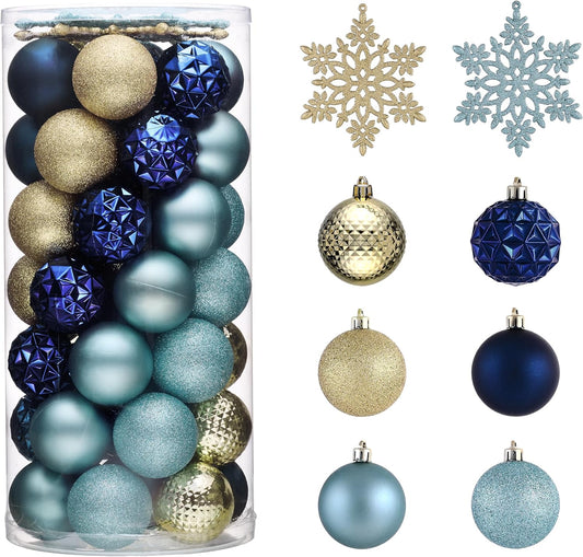 Valery Madelyn Christmas Tree Decorations Ornament Set for Fall Halloween, 50ct 2 Inches Blue and Gold Shatterproof Christmas Ball Ornaments Hanging Xmas Holiday Party Decor