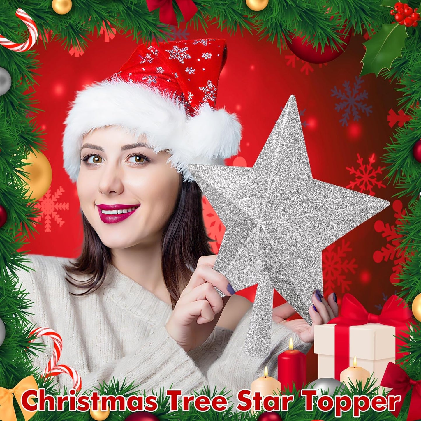 Christmas Tree Decoration, 10" Silver Christmas Tree Topper with Glitter, Large Bethlehem Star Xmas Tree Topper Decor, Waterproof Shatterproof Tree Topper for Christmas Holiday Home Indoor Outdoor